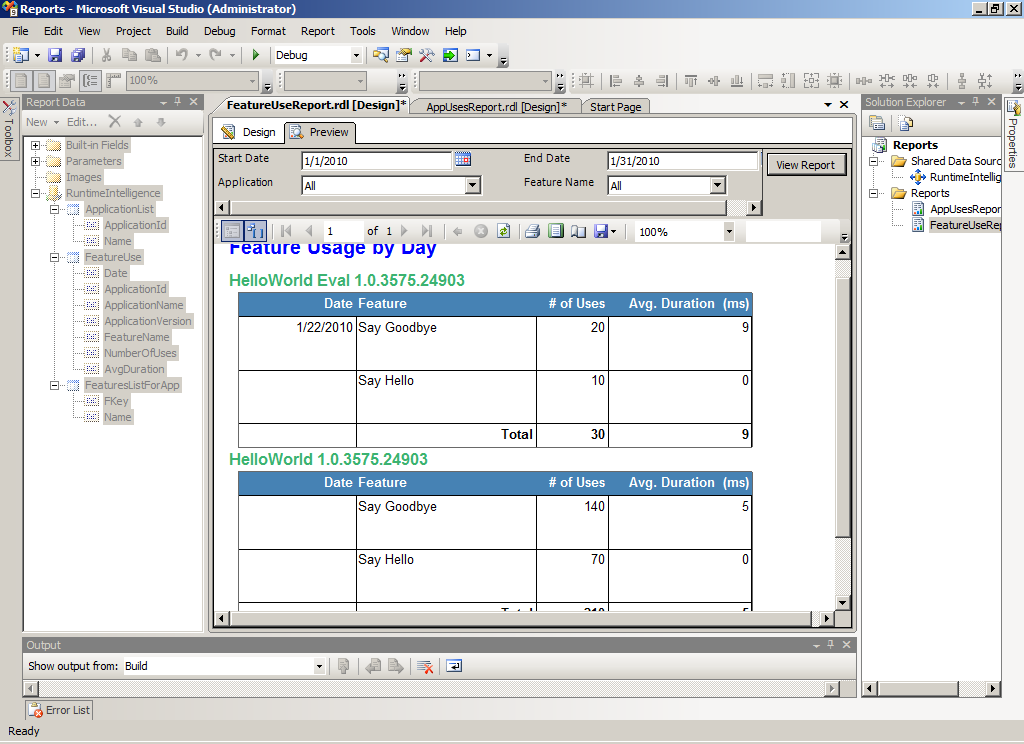 Application analytics feature use report