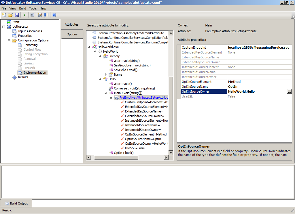 Instrumentation via extended attributes in Dotfuscator UI
